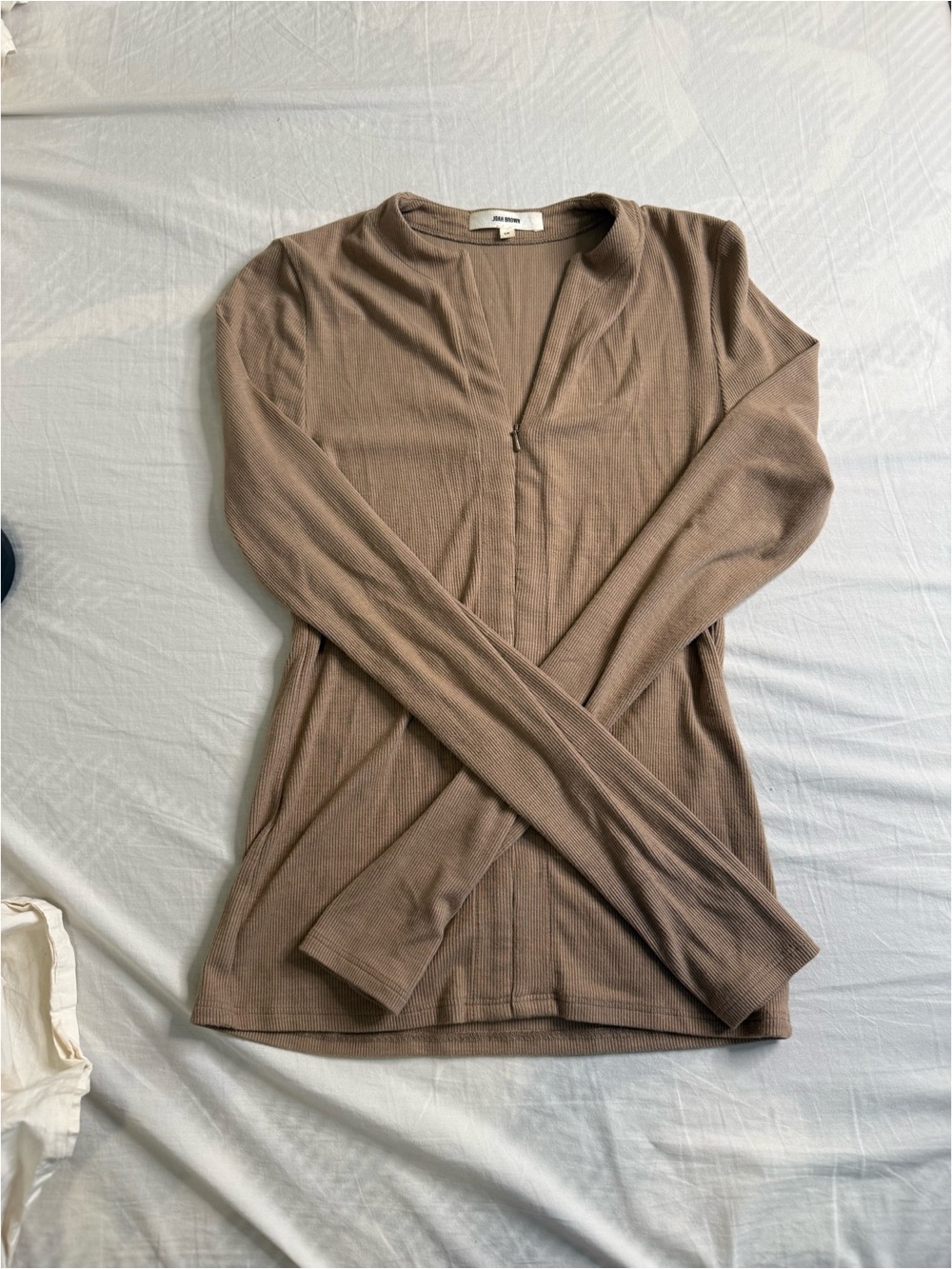 Lightweight Brown Ribbed Zip-Front Women's Top